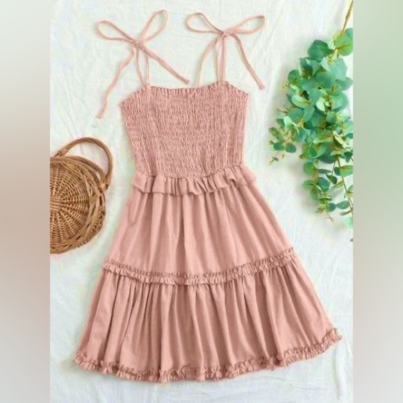 SHEIN Dresses & Skirts - Soft Pink Ruffle Mini Dress XS Shein Smocked Tie Strap Summer Cottagecore Size 2